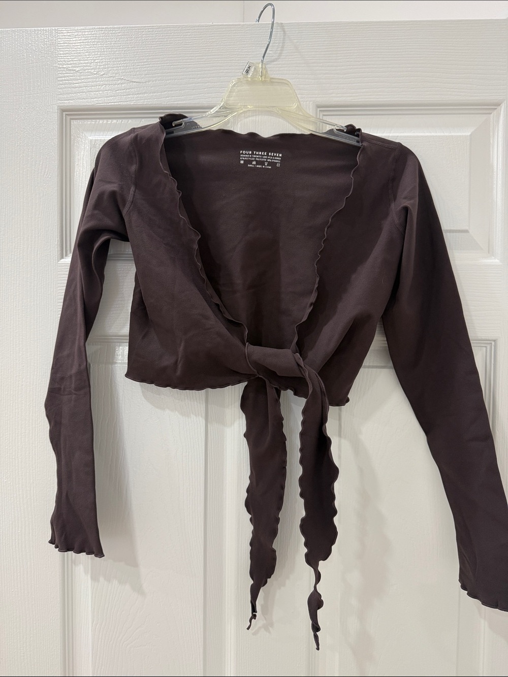 437- Scalloped Tie-Front Long Sleeve Top - Brown